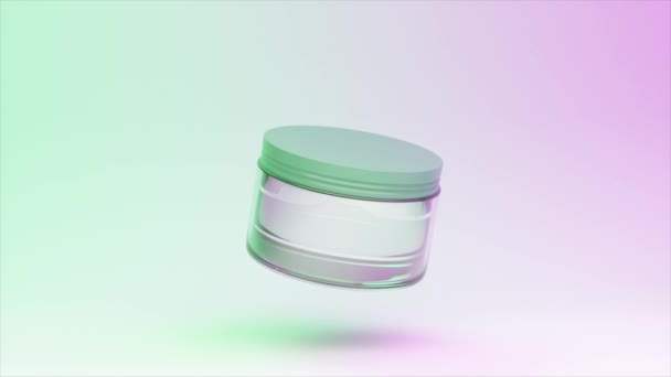 Plovoucí kosmetická nádoba v 3D animaci, s pastelovým mátovým víčkem, vystavená proti zasněnému růžovému a zelenému gradientu - Záběry, video