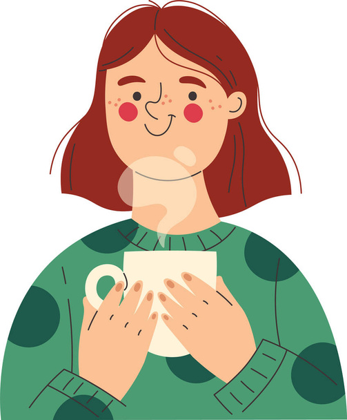 Girl Drinking Tea Vector Illustration - Vector, Image