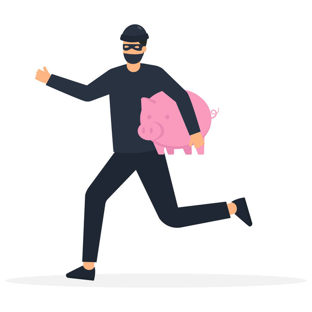 Financial crime, stealing money, investment risk or banking security concept, young man with black mask bandit costume or thief stealing or carrying wealthy piggy bank away. - Vector, Image