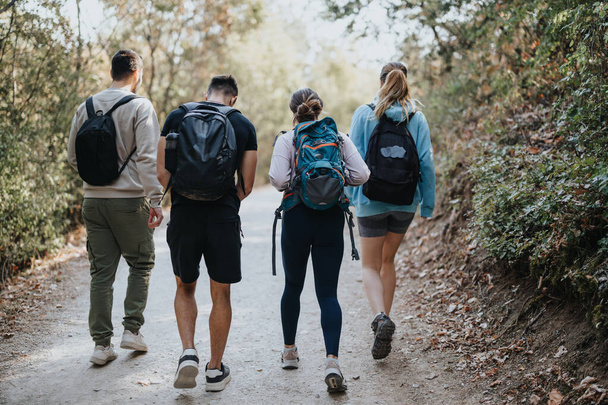 A group of friends explores a scenic mountain landscape, hiking and having fun conversations. They enjoy the fresh air and green environment while engaging in physical activity. - Photo, Image