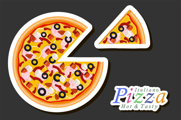 Ilustração sobre tema grande pizza gostosa quente para menu pizzaria, pizza italiana composta por vários ingredientes, como massa cozida crocante, tomate vermelho, salsicha alemã, cogumelos champignon e muito mais - Vetor, Imagem