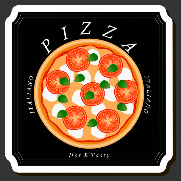 Ilustración sobre el tema gran pizza caliente sabrosa a menú de pizzería, pizza italiana que consta de varios ingredientes tales como masa horneada crujiente, tomate rojo, salchicha alemana, champiñones y mucho más - Vector, imagen