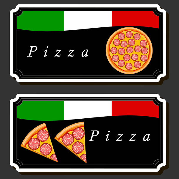 Illusztráció a téma nagy forró finom pizza pizzéria menü, olasz pizza, amely a különböző összetevők, mint a ropogós sült tészta, piros paradicsom, német kolbász, pezsgő gomba és még sok más - Vektor, kép