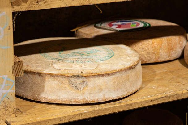 starý sýr sklep dřevěné police vaření předkrm jídlo jídlo svačinka jíst na stole kopírovat prostor jídlo pozadí venkovské horní pohled - Fotografie, Obrázek