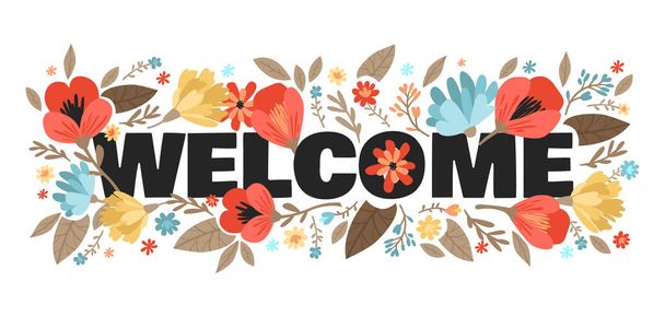 Welcome banner with flowers. Vector flat vector illustration isolated on white background. - Vector, Image