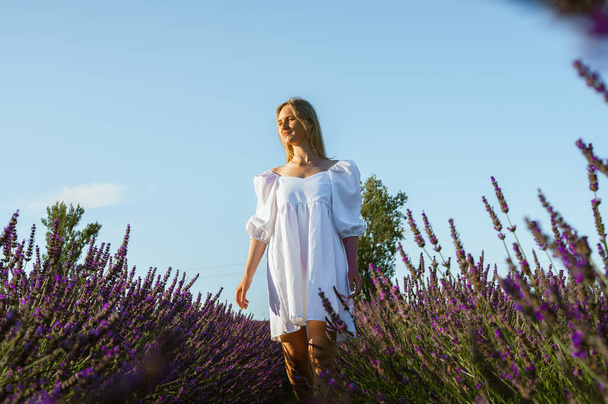 Porträt eines entspannten jungen Mädchens in einem weißen Kleid, in Gedanken, die frische Luft atmen, an einem sonnigen Tag in einem Lavendelfeld sitzen, wegschauen, nachdenken - Foto, Bild