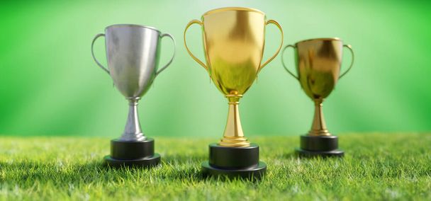 Gold silver bronze trophy cup with dual handle on grass, blur green background. A reminder of a specific achievement, shiny metallic reward. 3d render - Photo, Image