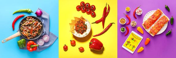 Collectie van traditionele Mexicaanse gerechten op kleur achtergrond - Foto, afbeelding