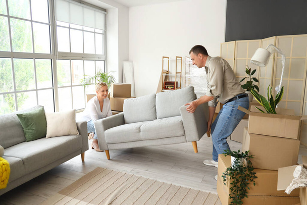 Mature couple carrying sofa in room on moving day - Photo, Image