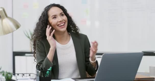 Business woman, phone call and excited in office with talking, fist celebration or good news for company. Young businesswoman, surprise and smartphone for conversation, promotion or winning at desk. - Footage, Video
