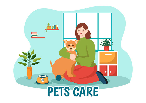Ilustración de vectores de cuidado de mascotas con refugio para animales o clínica veterinaria para cuidar de perros o gatos en atención médica Diseño plano de fondo de dibujos animados - Vector, imagen