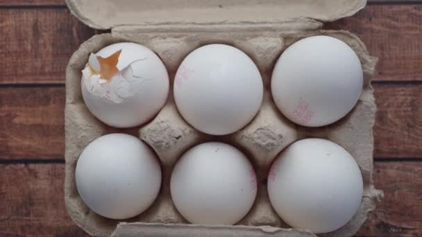  カートンの容器に貯えられる黄色い黄金の卵が付いている1つの壊れた卵. - 映像、動画