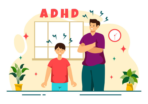 ADHS oder Aufmerksamkeitsdefizit-Hyperaktivitäts-Störung Vektor Illustration mit Kindern Impulsives und hyperaktives Verhalten in der Psychologie und Psychologie - Vektor, Bild
