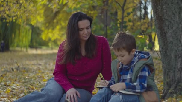 Nyugodt őszi jelenet: anya és fia vegyenek részt egy nyugodt tanulmányi ülésen a park élénk lombozata közepette. Kiváló minőségű 4k felvételek - Felvétel, videó