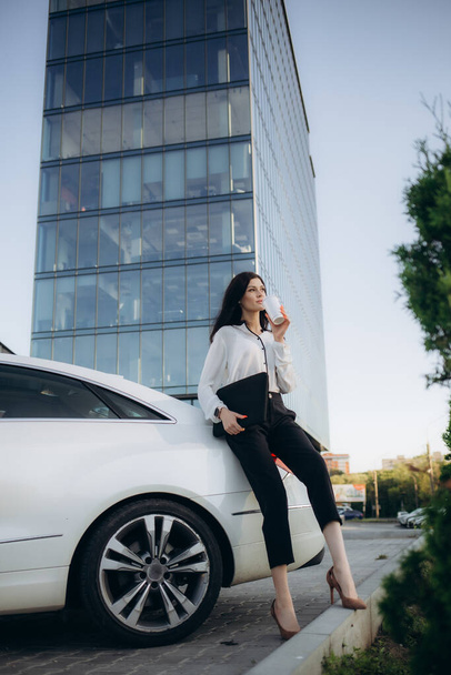 Elegante mujer de negocios con maletín en mano hablando por teléfono cerca del coche de lujo. Foto de alta calidad - Foto, imagen