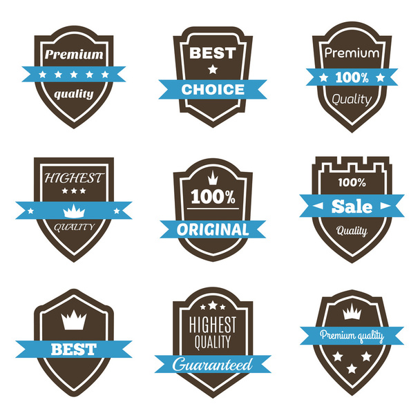 Set of 9 vintage badges. Shields with ribbons. Sale, premium qua - Вектор,изображение
