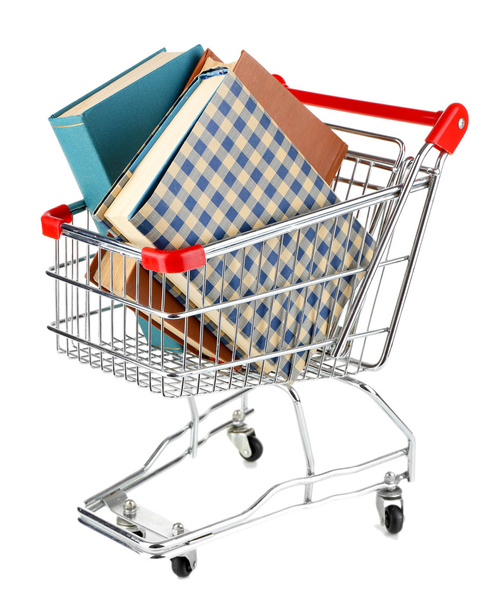 Shopping cart with books isolated on white - Foto, afbeelding