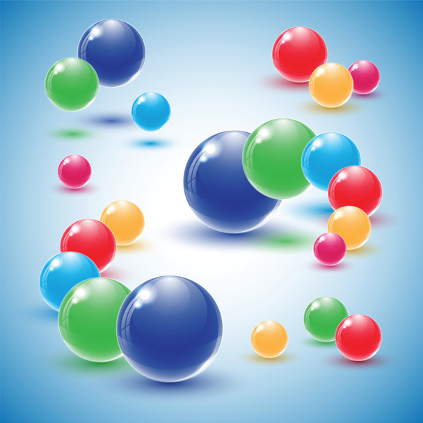 Different colour glass balls on blue background.  - Vector, Imagen