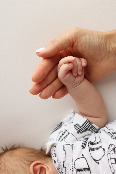 両親の手は新生児の指を握っている. 母親と父親の手は,新生児の拳を持っています. 家族の健康と医療。 白い背景のプロの写真.  - 写真・画像