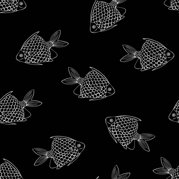 Hand Drawn Black and White Fish Background. Seamless Pattern with Fishes. Sea Animal Digital Papers. - Photo, Image
