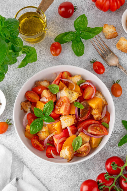 Ensalada tradicional de tomate italiano panzanella con cebolla roja, albahaca fresca y croutons en un tazón. Ensalada de verano - Foto, imagen