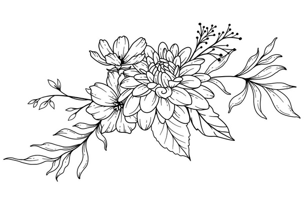 Малюнок лінії лісових квітів. Чорно-білі Квіткові Букети. Розмальовка квітка. Квіткова лінія мистецтва. Ілюстрація витонченої лінії "Дикі квіти". Рука Мальовані квіти. Ботанічна розмальовка. Весільні квіти запрошення - Вектор, зображення