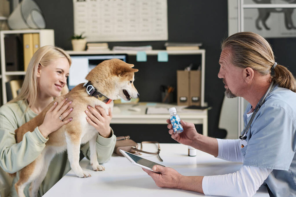 Veteriner, klinikteki veteriner ofisinde sahibiyle konuşurken köpeğe vitamin yazıyormuş. - Fotoğraf, Görsel