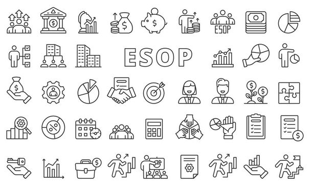 ESOP ikon beállítva a vonal design. Munkavállaló, Tulajdonjog, Részvény, Terv, ikon, Üzleti, Befektetési vektor illusztrációk Szerkeszthető stroke ikonok - Vektor, kép