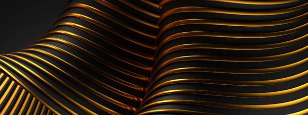 Zarif ve Modern 3D soyut arkaplan, siyah ve altın kenarlı dalgalı bant birleştirilmiş modern sanat tarzı yüksek kalite 3d illüstrasyon - Fotoğraf, Görsel