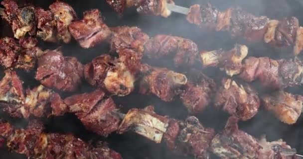 Vařím špejle z žebírek masa na grilu. Detailní záběr masových kebabů na grilovacím pikniku na otevřeném ohni. - Záběry, video