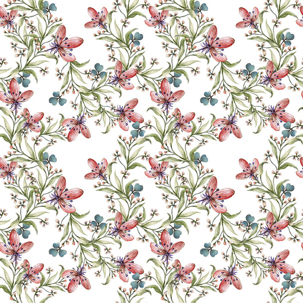 ウォーターカラーガッシュワイルドフィールド花の草の葉手描きの花のイラストのシームレスなパターンの背景 - 写真・画像