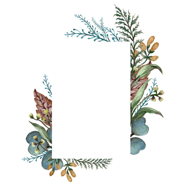 Aquarelle bordure carte cadre illustration Feuillage botanique feuilles collection Ensemble de forêt sauvage abstraite et jardin automne automne peint à la main - Photo, image