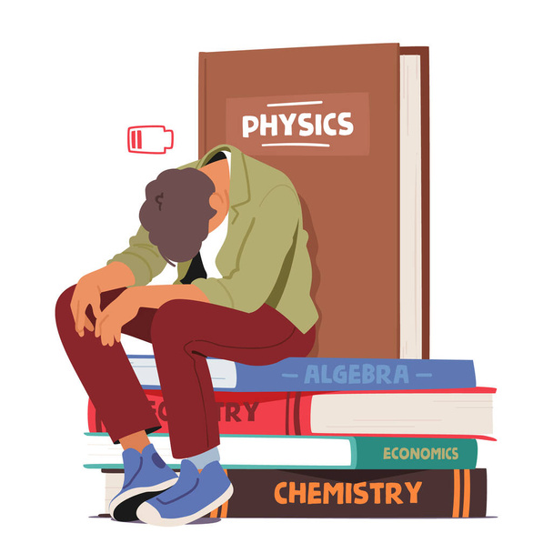 Exhausted Student Character, Head Bowed In Weariness, Encircled By A Fortress Of Books, A Visual Testament To Academic Struggles And Relentless Pursuit Of Knowledge. Cartoon People Vector Illustration - Vector, Image