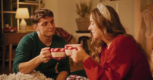 Smiling man toasting coffee cup and drinking with female friend at home during Christmas - Footage, Video