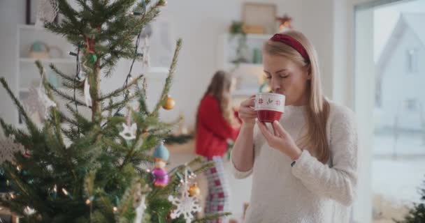 mooie jonge vrouw glimlachen terwijl het drinken van koffie in de buurt van kerstboom met zus in de achtergrond thuis - Video
