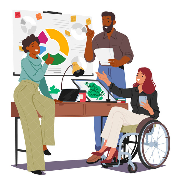 Mujer con discapacidad en silla de ruedas en la bulliciosa oficina con colegas. Personaje femenino mostrando resiliencia mientras contribuye al lugar de trabajo con habilidad y determinación. Dibujos animados Gente Vector Ilustración - Vector, Imagen
