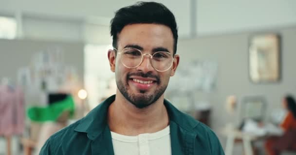 Face, business and man with fashion, smile and entrepreneur with glasses, optometry and relax. Portrait, person and employee with eyewear, clear vision and sight with confidence, startup and designer. - Footage, Video