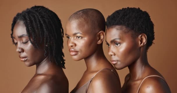 Догляд за шкірою, краса і молоді чорні жінки в студії з яскравими, природними і лицьовими рутинними процедурами. Оздоровчий, косметичний та портрет африканських друзів-жінок з лікуванням дерматології на коричневому тлі - Кадри, відео