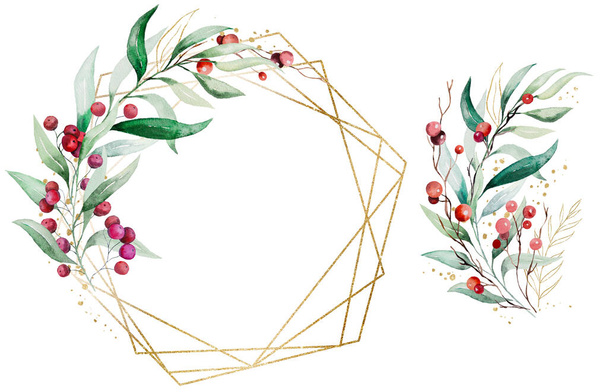 Świąteczny bukiet i rama wykonana z akwareli zielonych liści i czerwonych jagód., izolowane Ilustracja. Ręcznie malowany element na zimowe wakacje stacjonarne i pozdrowienia - Zdjęcie, obraz