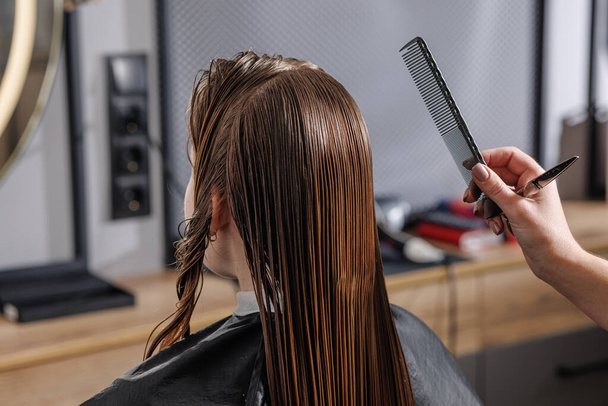 kauneus master kampaus märät hiukset asiakkaan kauneushoitola lähikuva - Valokuva, kuva