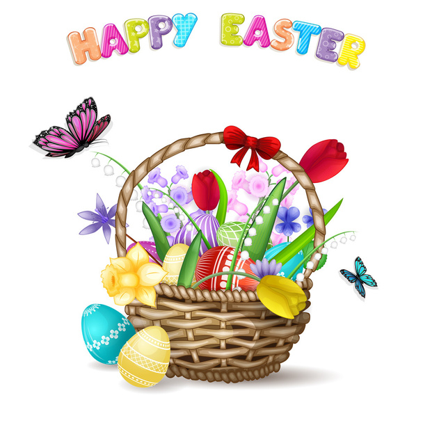 Panier de Pâques avec fleurs de printemps - Vecteur, image