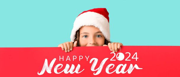 Powitanie baner Szczęśliwego Nowego Roku 2024 z cute little girl w Santa kapelusz - Zdjęcie, obraz