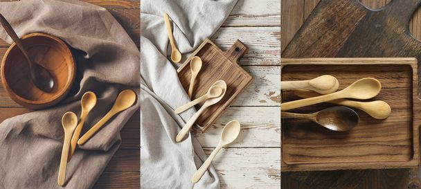 Fából készült konyhai eszközök készlete az asztalon, felülnézet - Fotó, kép