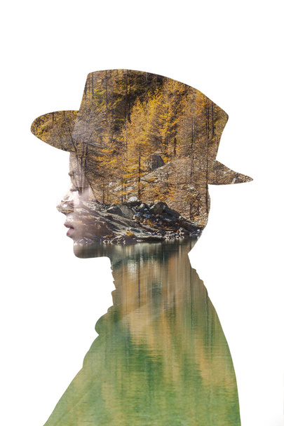 Double exposure of girl with hat and mountain lake - Valokuva, kuva