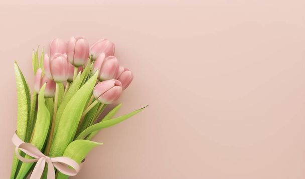 Welcome signboard mockup with international Women's Day, Valentine's Day. Gift of flowers. Pink tulips on pastel background, spring bouquet. 3d render of online flower delivery. - Photo, Image