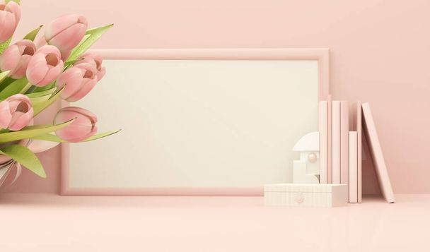 Welkom signboard mockup met internationale Vrouwendag, Valentijnsdag. Een geschenk van bloemen. Roze tulpen op pastelachtergrond, lenteboeket. 3d weergave van online bloemenlevering. - Foto, afbeelding