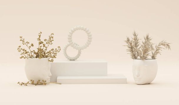 Exhibición 3D del podio, fondo blanco con la flor blanca del Anthurium. Pedestal mínimo para belleza, producto cosmético. Valentine, espacio de copia femenina - Foto, imagen