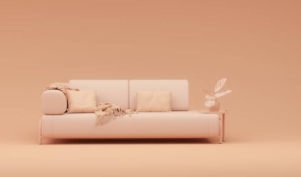 Maqueta interior en tonos cálidos con sofá de pelusa melocotón, maceta de plantas, mesa en salón con decoración en la pared, color de aplastamiento de albaricoque y fondo naranja. Renderizado 3D - Foto, imagen