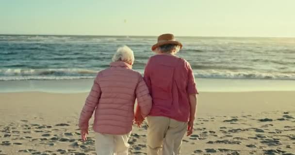 Donne anziane, amiche e di ritorno via mare con tenersi per mano, cura e legame con ricongiungimento in spiaggia. Signora anziana, persone e abbraccio con le onde, l'oceano e la libertà in vacanza, a piedi e in pensione. - Filmati, video