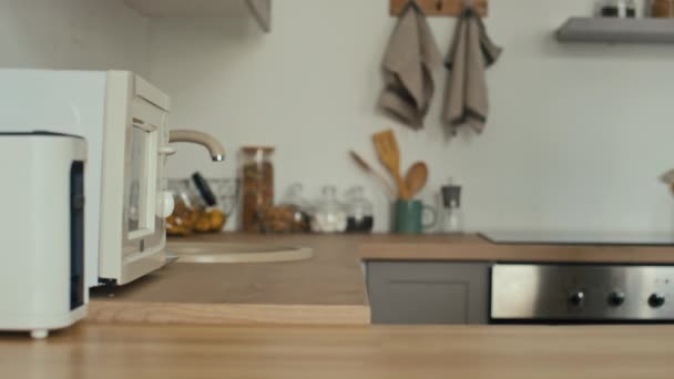 Střední část bodné straně záběr nepoznatelný muž uvedení jídla do mikrovlnky a jít pryč v moderní lehké kuchyni - Záběry, video